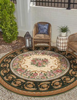 Green and Ivory 3' 1 x 3' 1 Outdoor Traditional Round Area Rug Weather Resistant for Patio, Deck, Terrace, Balcony, Porch Classical Design Outside Carpet for Sale at Rug Engine