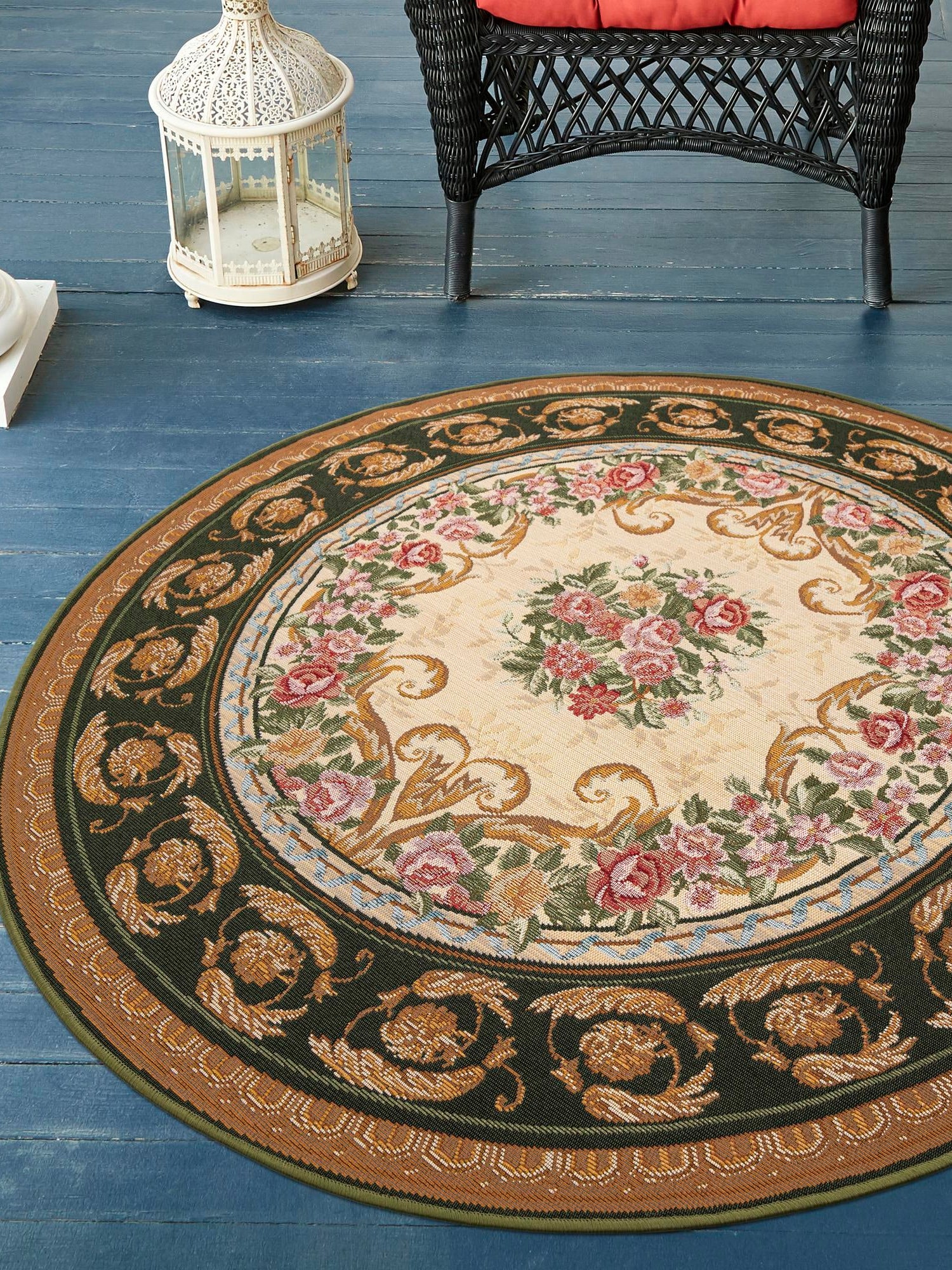 Green and Ivory 5' 1 x 5' 1 Outdoor Traditional Round Area Rug Weather Resistant for Patio, Deck, Terrace, Balcony, Porch Classical Design Outside Carpet for Sale at Rug Engine