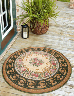 Green and Ivory 4' 1 x 4' 1 Outdoor Traditional Round Area Rug Weather Resistant for Patio, Deck, Terrace, Balcony, Porch Classical Design Outside Carpet for Sale at Rug Engine