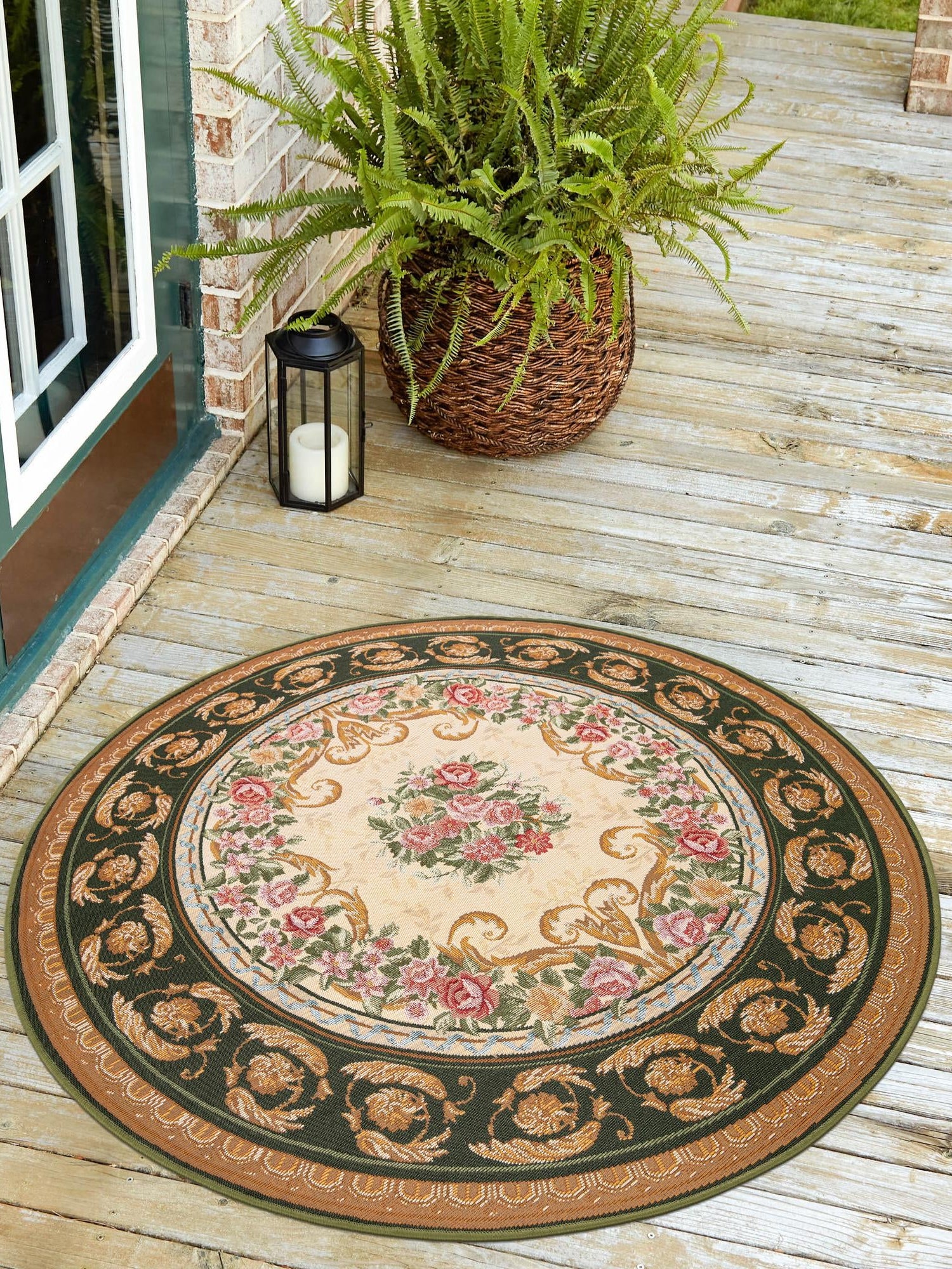 Green and Ivory 10' x 10' Outdoor Traditional Round Area Rug Weather Resistant for Patio, Deck, Terrace, Balcony, Porch Classical Design Outside Carpet for Sale at Rug Engine