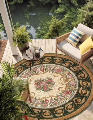 Green and Ivory 7' 10 x 7' 10 Outdoor Traditional Round Area Rug Weather Resistant for Patio, Deck, Terrace, Balcony, Porch Classical Design Outside Carpet for Sale at Rug Engine