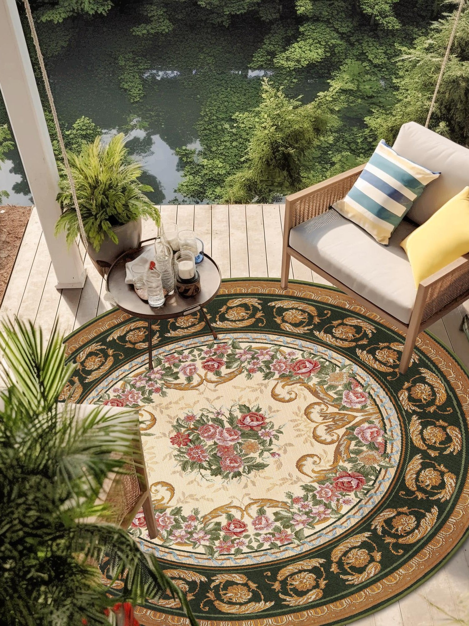 Green and Ivory 10' x 10' Outdoor Traditional Round Area Rug Weather Resistant for Patio, Deck, Terrace, Balcony, Porch Classical Design Outside Carpet for Sale at Rug Engine