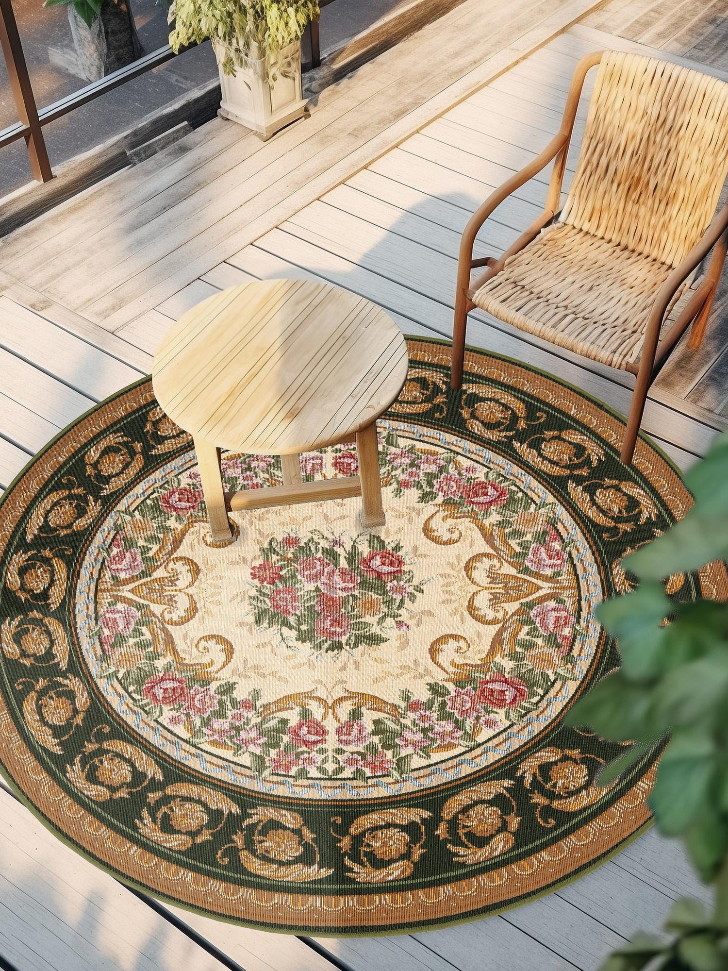 Green and Ivory 4' 1 x 4' 1 Outdoor Traditional Round Area Rug Weather Resistant for Patio, Deck, Terrace, Balcony, Porch Classical Design Outside Carpet for Sale at Rug Engine