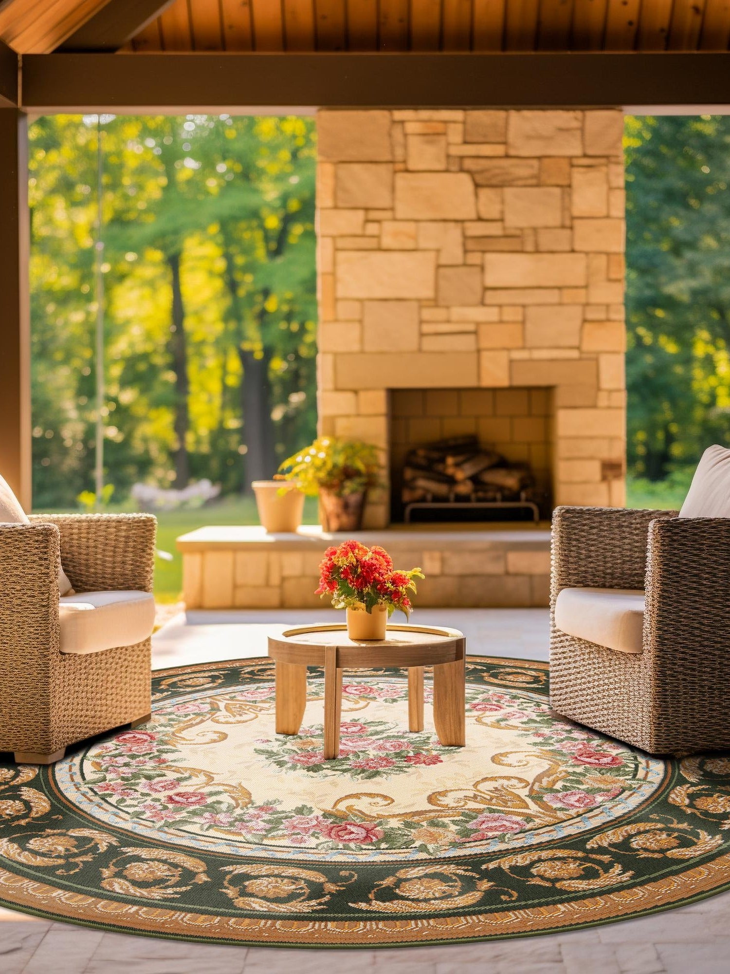 Green and Ivory 10' x 10' Outdoor Traditional Round Area Rug Weather Resistant for Patio, Deck, Terrace, Balcony, Porch Classical Design Outside Carpet for Sale at Rug Engine