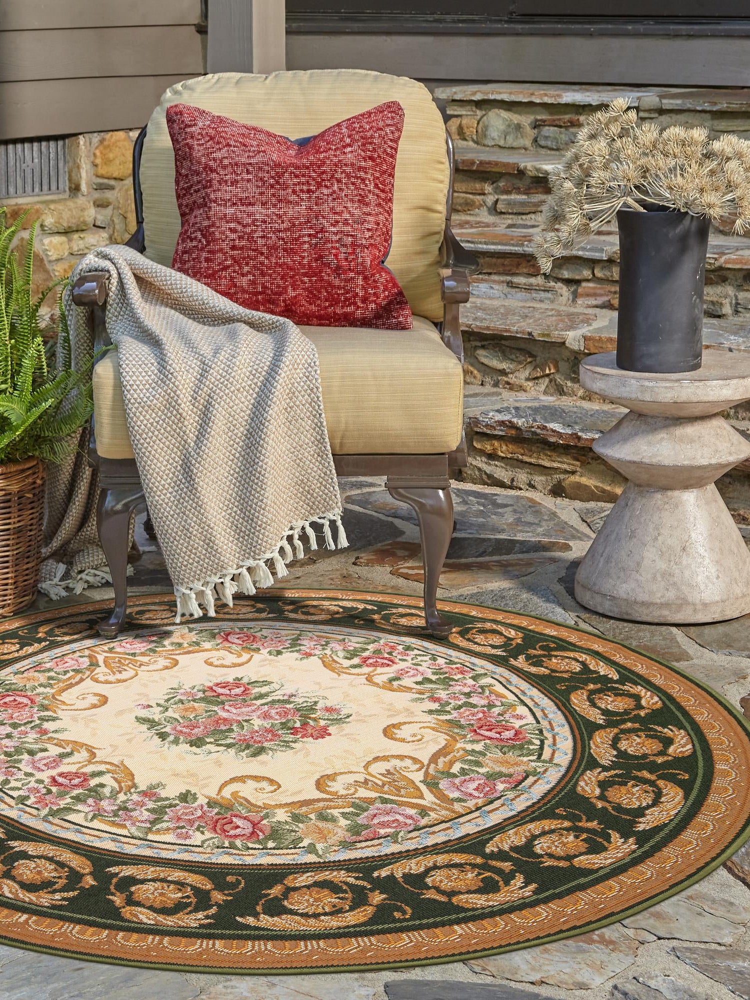 Green and Ivory 10' x 10' Outdoor Traditional Round Area Rug Weather Resistant for Patio, Deck, Terrace, Balcony, Porch Classical Design Outside Carpet for Sale at Rug Engine