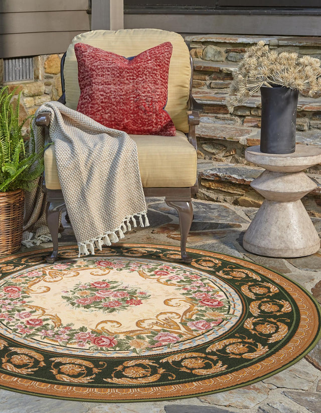 Green and Ivory 10' x 10' Outdoor Traditional Round Area Rug Weather Resistant for Patio, Deck, Terrace, Balcony, Porch Classical Design Outside Carpet for Sale at Rug Engine