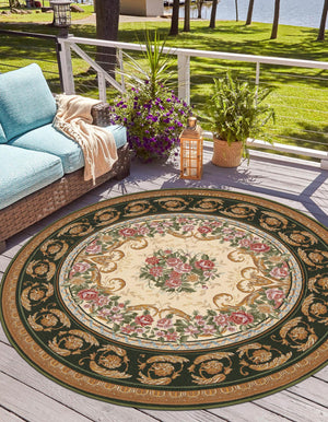 Green and Ivory 7' 10 x 7' 10 Outdoor Traditional Round Area Rug Weather Resistant for Patio, Deck, Terrace, Balcony, Porch Classical Design Outside Carpet for Sale at Rug Engine