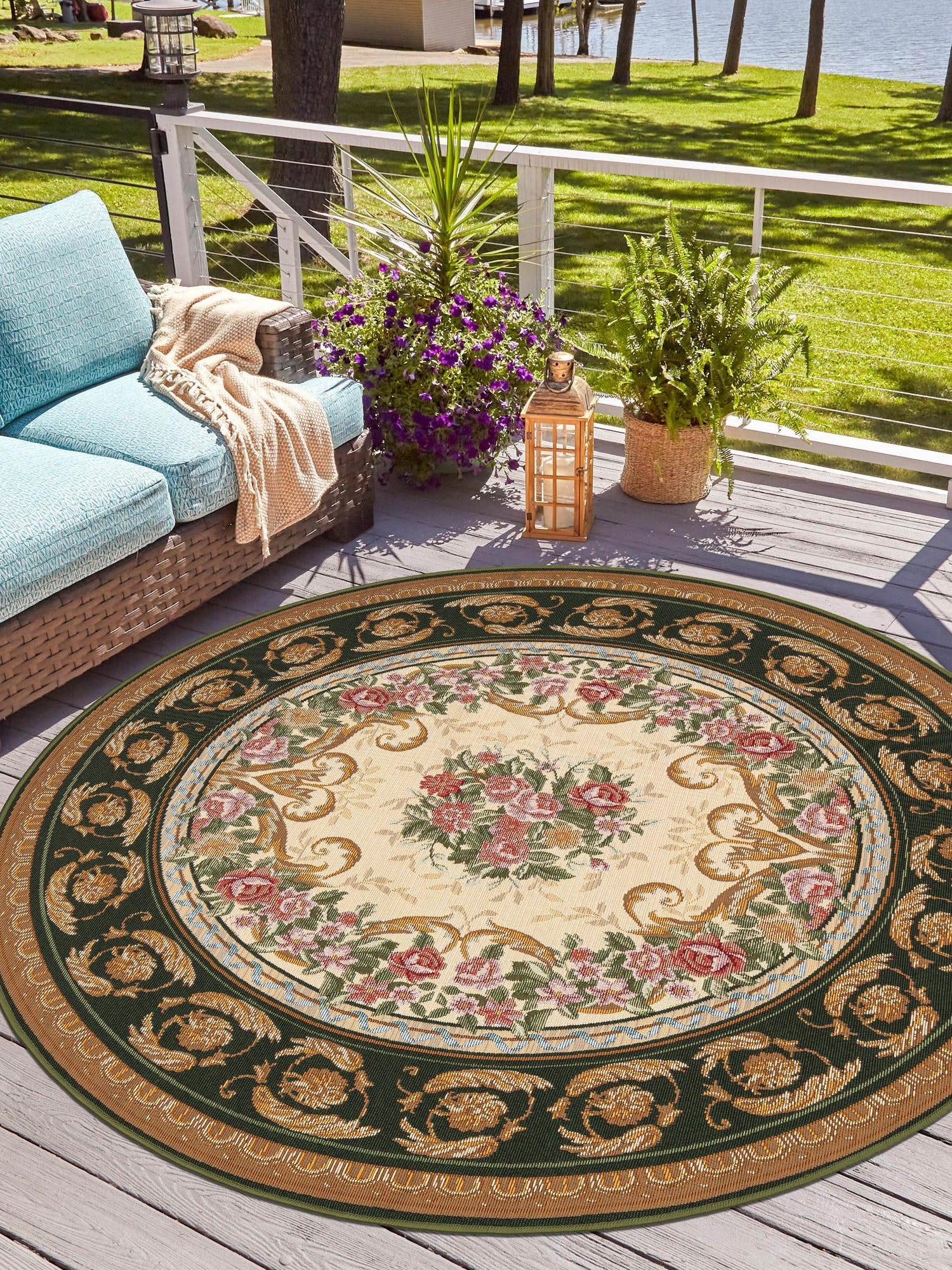 Green and Ivory 10' x 10' Outdoor Traditional Round Area Rug Weather Resistant for Patio, Deck, Terrace, Balcony, Porch Classical Design Outside Carpet for Sale at Rug Engine