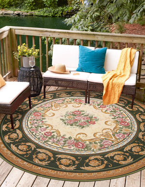 Green and Ivory 10' x 10' Outdoor Traditional Round Area Rug Weather Resistant for Patio, Deck, Terrace, Balcony, Porch Classical Design Outside Carpet for Sale at Rug Engine