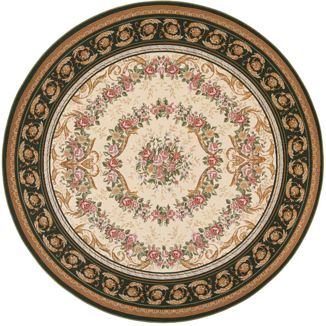 Green and Ivory 7' 10 x 7' 10 Outdoor Traditional Round Area Rug Weather Resistant for Patio, Deck, Terrace, Balcony, Porch Classical Design Outside Carpet for Sale at Rug Engine