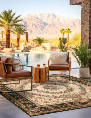 Green and Ivory 7' 10 x 7' 10 Outdoor Traditional Square Area Rug Weather Resistant for Patio, Deck, Terrace, Balcony, Porch Classical Design Outside Carpet for Sale at Rug Engine