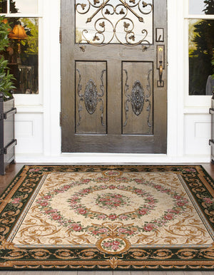 Green and Ivory 10' x 10' Outdoor Traditional Square Area Rug Weather Resistant for Patio, Deck, Terrace, Balcony, Porch Classical Design Outside Carpet for Sale at Rug Engine
