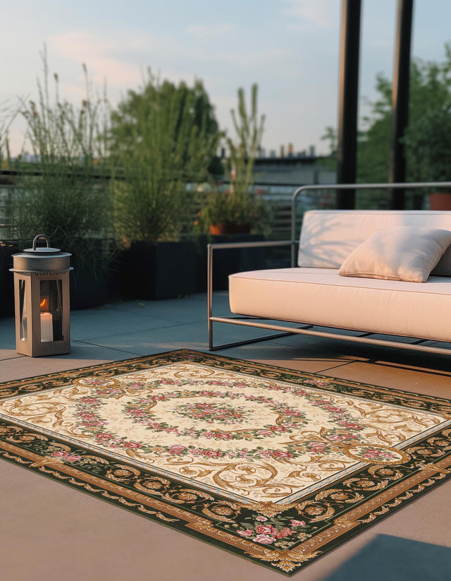 Green and Ivory 10' x 10' Outdoor Traditional Square Area Rug Weather Resistant for Patio, Deck, Terrace, Balcony, Porch Classical Design Outside Carpet for Sale at Rug Engine