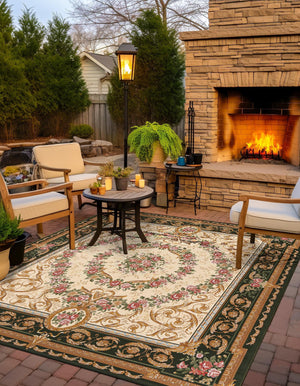 Green and Ivory 10' x 10' Outdoor Traditional Square Area Rug Weather Resistant for Patio, Deck, Terrace, Balcony, Porch Classical Design Outside Carpet for Sale at Rug Engine
