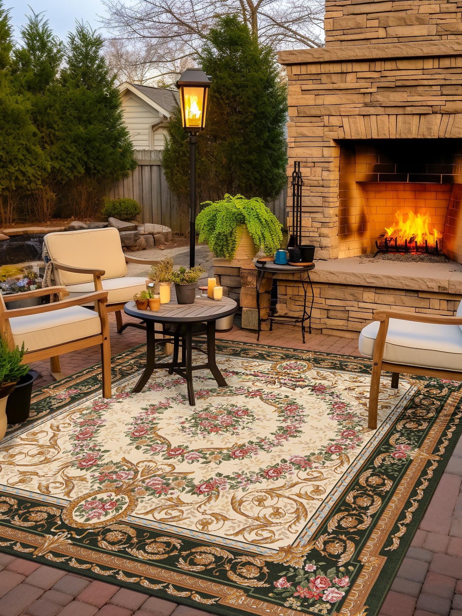 Green and Ivory 7' 10 x 7' 10 Outdoor Traditional Square Area Rug Weather Resistant for Patio, Deck, Terrace, Balcony, Porch Classical Design Outside Carpet for Sale at Rug Engine