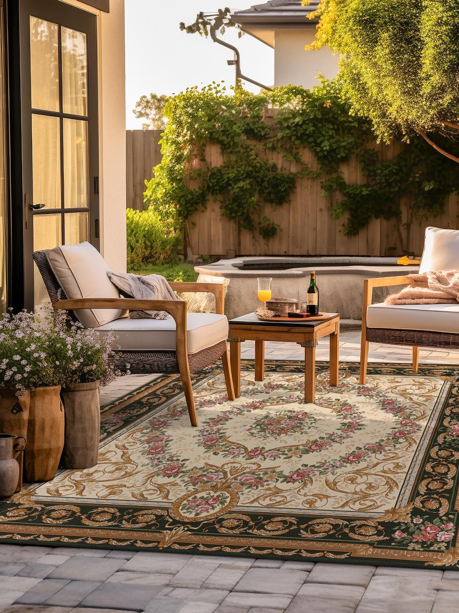 Green and Ivory 7' 10 x 7' 10 Outdoor Traditional Square Area Rug Weather Resistant for Patio, Deck, Terrace, Balcony, Porch Classical Design Outside Carpet for Sale at Rug Engine