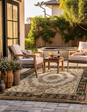 Green and Ivory 7' 10 x 7' 10 Outdoor Traditional Square Area Rug Weather Resistant for Patio, Deck, Terrace, Balcony, Porch Classical Design Outside Carpet for Sale at Rug Engine