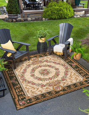 Green and Ivory 10' x 10' Outdoor Traditional Square Area Rug Weather Resistant for Patio, Deck, Terrace, Balcony, Porch Classical Design Outside Carpet for Sale at Rug Engine