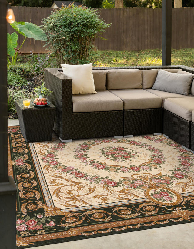 Green and Ivory 10' x 10' Outdoor Traditional Square Area Rug Weather Resistant for Patio, Deck, Terrace, Balcony, Porch Classical Design Outside Carpet for Sale at Rug Engine