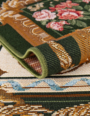 Green and Ivory 10' x 10' Outdoor Traditional Square Area Rug Weather Resistant for Patio, Deck, Terrace, Balcony, Porch Classical Design Outside Carpet for Sale at Rug Engine