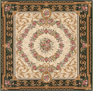 Green and Ivory 7' 10 x 7' 10 Outdoor Traditional Square Area Rug Weather Resistant for Patio, Deck, Terrace, Balcony, Porch Classical Design Outside Carpet for Sale at Rug Engine
