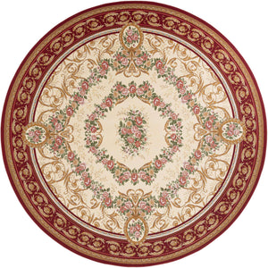 Burgundy Red and Ivory 10' x 10' Outdoor Traditional Round Area Rug Weather Resistant for Patio, Deck, Terrace, Balcony, Porch Classical Design Outside Carpet for Sale at Rug Engine
