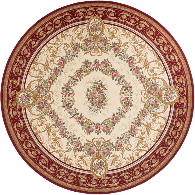 Burgundy Red and Ivory 10' x 10' Outdoor Traditional Round Area Rug Weather Resistant for Patio, Deck, Terrace, Balcony, Porch Classical Design Outside Carpet for Sale at Rug Engine