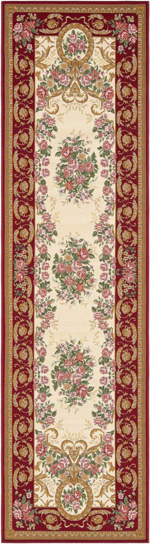 Burgundy Red and Ivory 2' 7 x 10' Outdoor Traditional Runner Area Rug Weather Resistant for Patio, Deck, Terrace, Balcony, Porch Classical Design Outside Carpet for Sale at Rug Engine