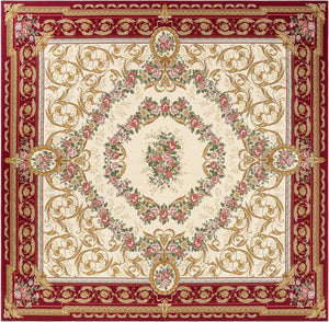 Burgundy Red and Ivory 10' x 10' Outdoor Traditional Square Area Rug Weather Resistant for Patio, Deck, Terrace, Balcony, Porch Classical Design Outside Carpet for Sale at Rug Engine