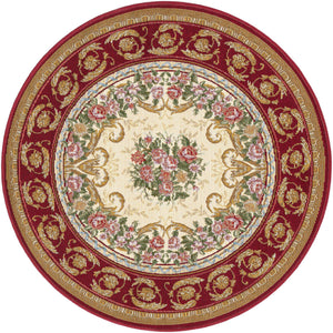 Burgundy Red and Ivory 3' 1 x 3' 1 Outdoor Traditional Round Area Rug Weather Resistant for Patio, Deck, Terrace, Balcony, Porch Classical Design Outside Carpet for Sale at Rug Engine