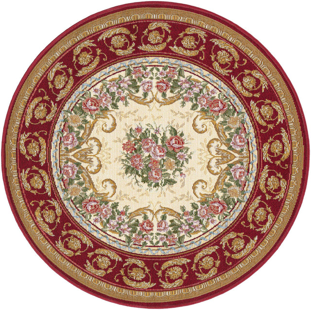 Burgundy Red and Ivory 3' 1 x 3' 1 Outdoor Traditional Round Area Rug Weather Resistant for Patio, Deck, Terrace, Balcony, Porch Classical Design Outside Carpet for Sale at Rug Engine