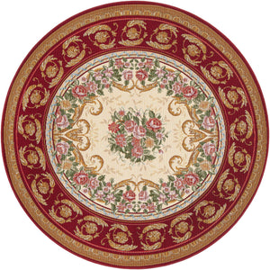 Burgundy Red and Ivory 5' 1 x 5' 1 Outdoor Traditional Round Area Rug Weather Resistant for Patio, Deck, Terrace, Balcony, Porch Classical Design Outside Carpet for Sale at Rug Engine