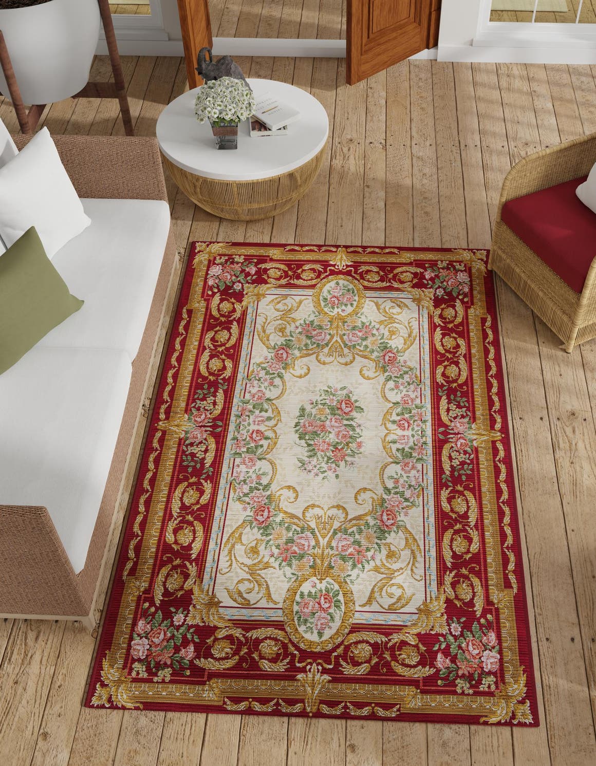 Burgundy Red and Ivory 7' 10 x 10' Outdoor Traditional Rectangle Area Rug Weather Resistant for Patio, Deck, Terrace, Balcony, Porch Classical Design Outside Carpet for Sale at Rug Engine