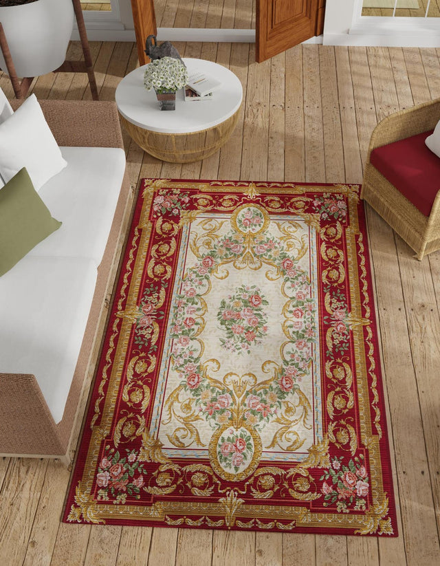 Burgundy Red and Ivory 7' 10 x 10' Outdoor Traditional Rectangle Area Rug Weather Resistant for Patio, Deck, Terrace, Balcony, Porch Classical Design Outside Carpet for Sale at Rug Engine