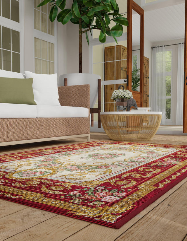 Burgundy Red and Ivory 9' x 12' Outdoor Traditional Rectangle Area Rug Weather Resistant for Patio, Deck, Terrace, Balcony, Porch Classical Design Outside Carpet for Sale at Rug Engine