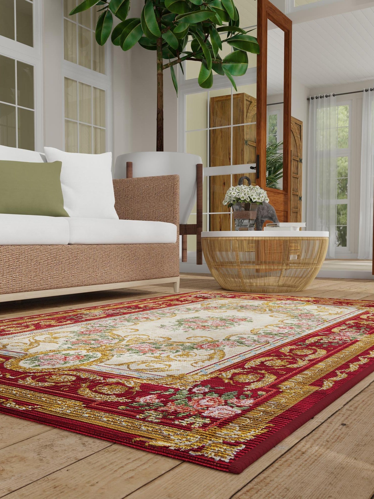 Burgundy Red and Ivory 2' x 3' 1 Outdoor Traditional Rectangle Area Rug Weather Resistant for Patio, Deck, Terrace, Balcony, Porch Classical Design Outside Carpet for Sale at Rug Engine