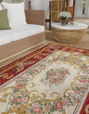 Burgundy Red and Ivory 9' x 12' Outdoor Traditional Rectangle Area Rug Weather Resistant for Patio, Deck, Terrace, Balcony, Porch Classical Design Outside Carpet for Sale at Rug Engine