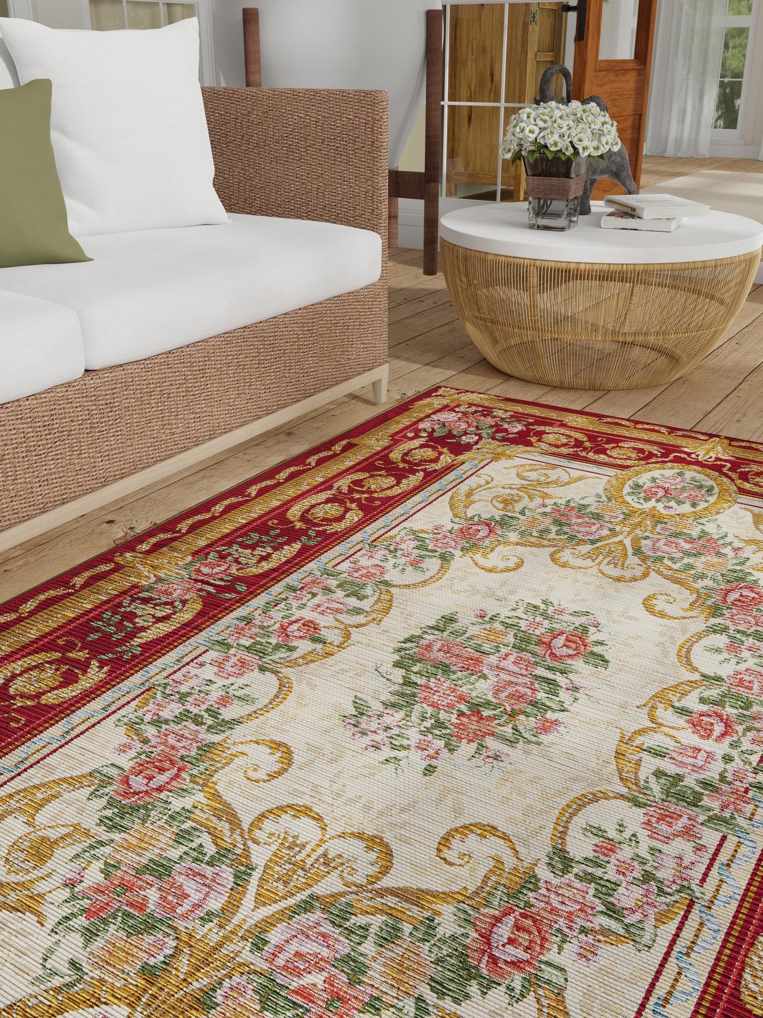Burgundy Red and Ivory 4' 1 x 6' 1 Outdoor Traditional Rectangle Area Rug Weather Resistant for Patio, Deck, Terrace, Balcony, Porch Classical Design Outside Carpet for Sale at Rug Engine