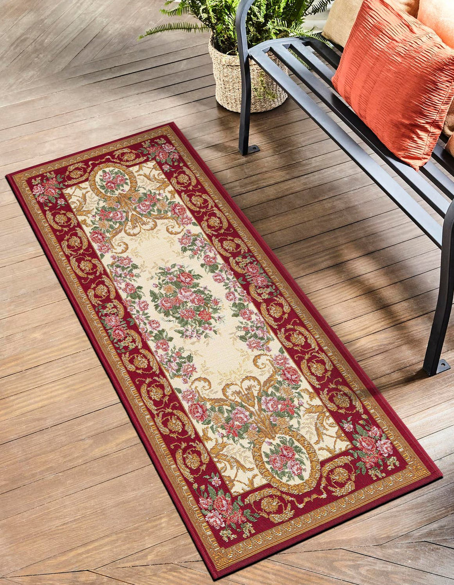 Burgundy Red and Ivory 2' 7 x 12' Outdoor Traditional Runner Area Rug ...