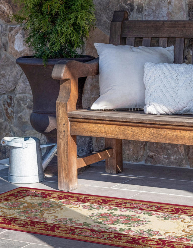 Burgundy Red and Ivory 2' x 8' Outdoor Traditional Runner Area Rug Weather Resistant for Patio, Deck, Terrace, Balcony, Porch Classical Design Outside Carpet for Sale at Rug Engine