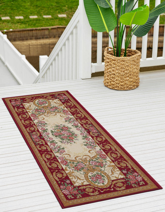Burgundy Red and Ivory 2' 7 x 10' Outdoor Traditional Runner Area Rug Weather Resistant for Patio, Deck, Terrace, Balcony, Porch Classical Design Outside Carpet for Sale at Rug Engine