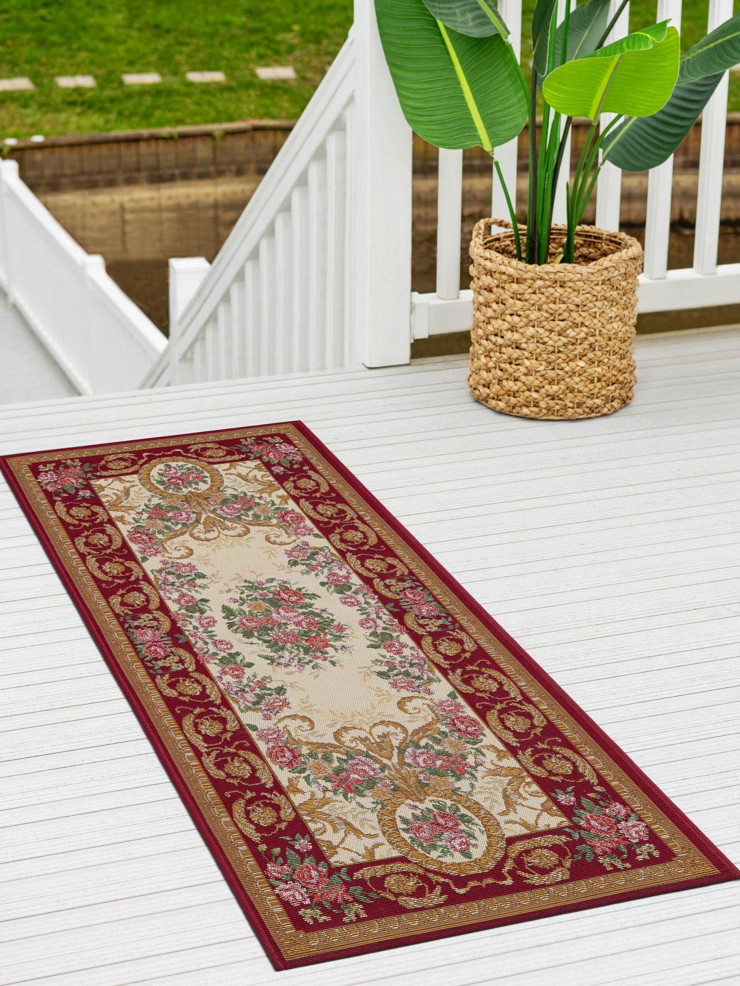 Burgundy Red and Ivory 2' x 6' 1 Outdoor Traditional Runner Area Rug Weather Resistant for Patio, Deck, Terrace, Balcony, Porch Classical Design Outside Carpet for Sale at Rug Engine