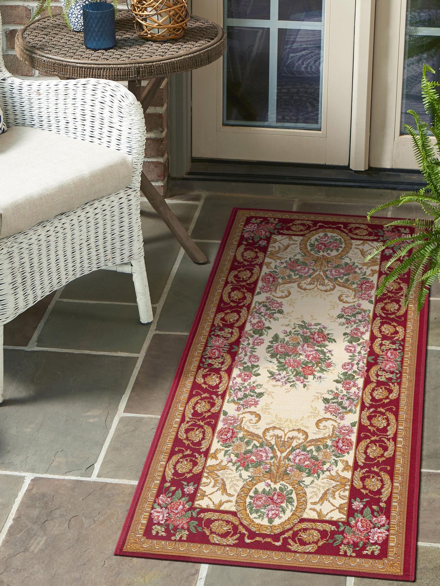Burgundy Red and Ivory 2' x 5' 1 Outdoor Traditional Runner Area Rug Weather Resistant for Patio, Deck, Terrace, Balcony, Porch Classical Design Outside Carpet for Sale at Rug Engine