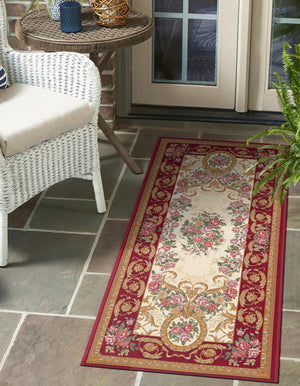 Burgundy Red and Ivory 2' x 5' 1 Outdoor Traditional Runner Area Rug Weather Resistant for Patio, Deck, Terrace, Balcony, Porch Classical Design Outside Carpet for Sale at Rug Engine