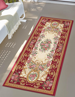 Burgundy Red and Ivory 2' 7 x 10' Outdoor Traditional Runner Area Rug Weather Resistant for Patio, Deck, Terrace, Balcony, Porch Classical Design Outside Carpet for Sale at Rug Engine