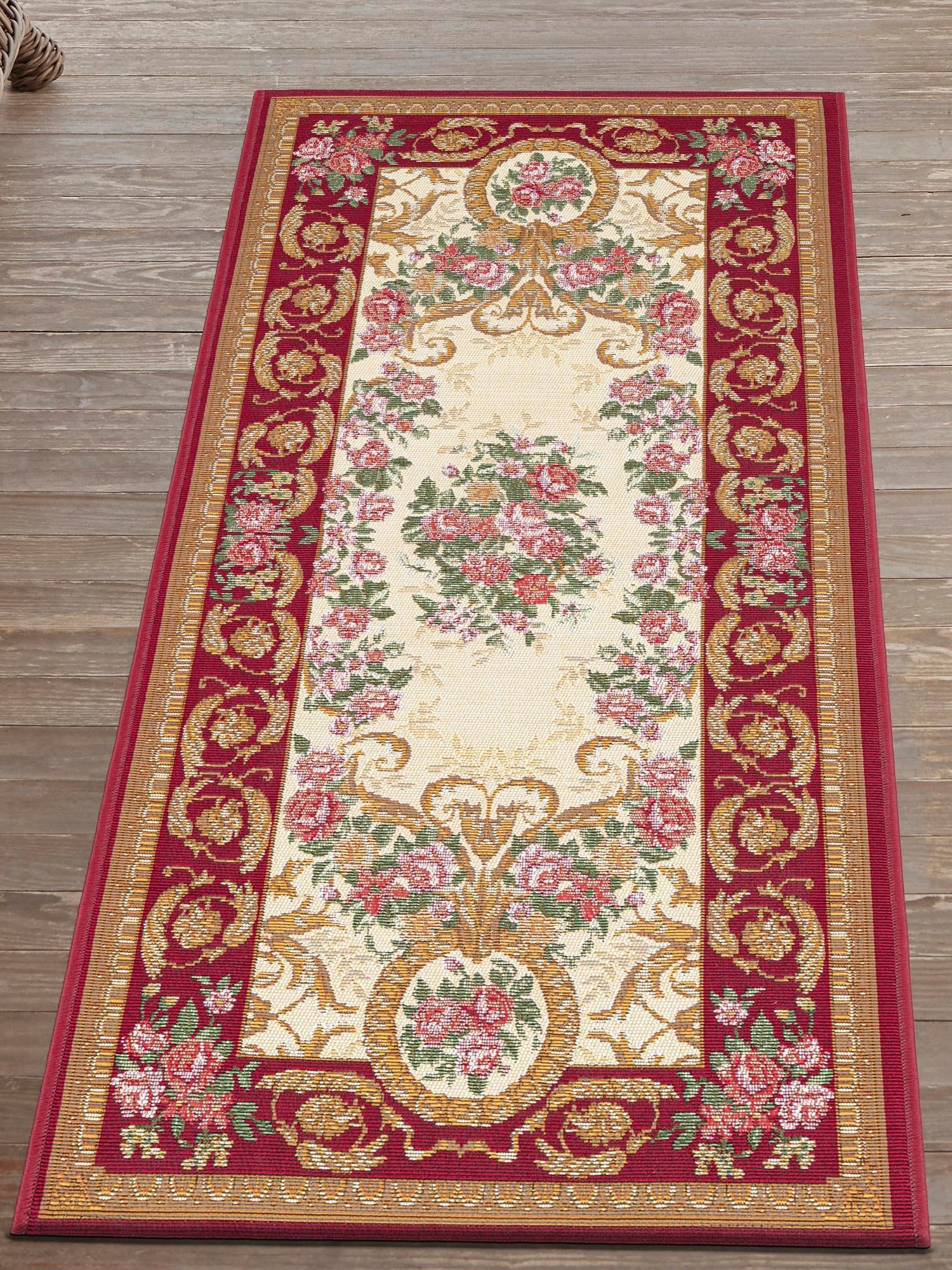 Burgundy Red and Ivory 2' x 5' 1 Outdoor Traditional Runner Area Rug Weather Resistant for Patio, Deck, Terrace, Balcony, Porch Classical Design Outside Carpet for Sale at Rug Engine