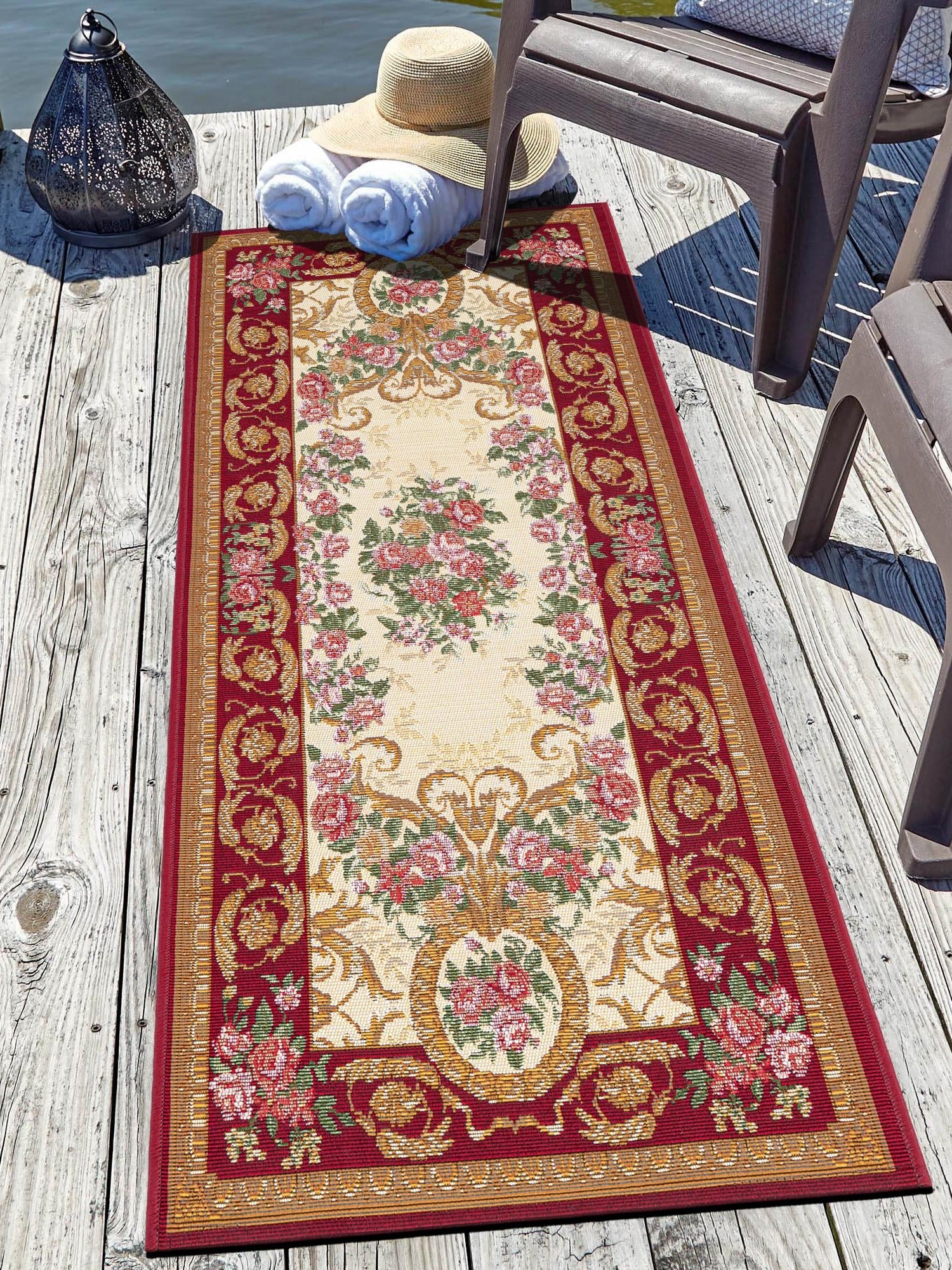 Burgundy Red and Ivory 2' x 5' 1 Outdoor Traditional Runner Area Rug Weather Resistant for Patio, Deck, Terrace, Balcony, Porch Classical Design Outside Carpet for Sale at Rug Engine