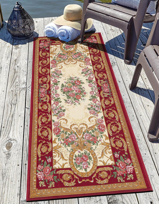Burgundy Red and Ivory 2' x 5' 1 Outdoor Traditional Runner Area Rug Weather Resistant for Patio, Deck, Terrace, Balcony, Porch Classical Design Outside Carpet for Sale at Rug Engine