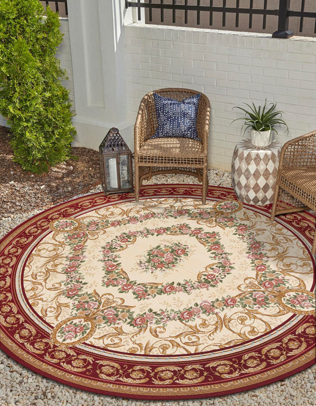 Burgundy Red and Ivory 10' x 10' Outdoor Traditional Round Area Rug Weather Resistant for Patio, Deck, Terrace, Balcony, Porch Classical Design Outside Carpet for Sale at Rug Engine
