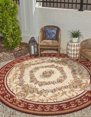 Burgundy Red and Ivory 7' 10 x 7' 10 Outdoor Traditional Round Area Rug Weather Resistant for Patio, Deck, Terrace, Balcony, Porch Classical Design Outside Carpet for Sale at Rug Engine